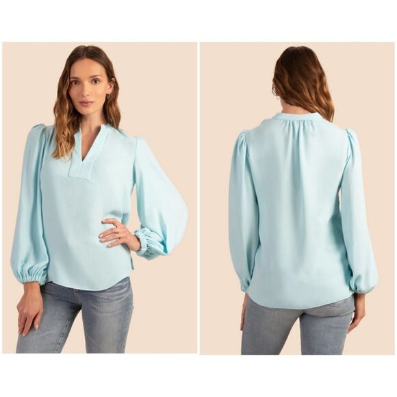 💕TRINA TURK💕 Tanvi Top ~ Silky Satin-Back Crepe Blouse Sky Blue Large L NWT - Picture 1 of 13